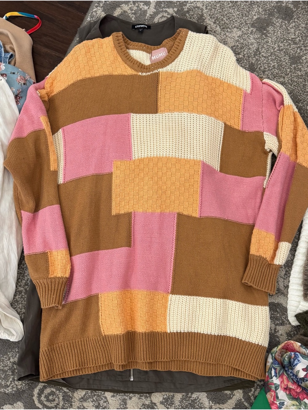 Show Me Your MuMu Patchwork Crewneck Sweater in Pink, Brown, Cream, Mustard